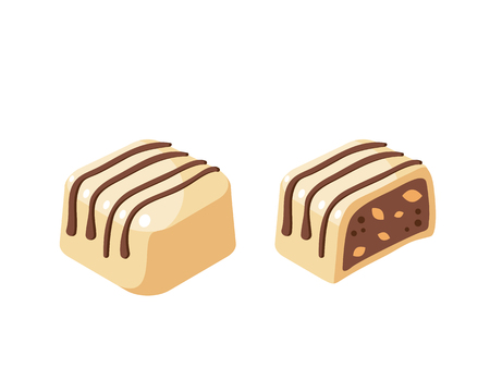 White chocolate covered bonbon stuffed nougat, striped dark chocolate. Vector illustration candy flat icon isolated on white background.のイラスト素材