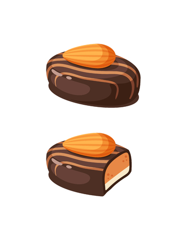 Chocolate covered bonbon filling almond nougat. Vector illustration candy flat icon isolated on white background.のイラスト素材