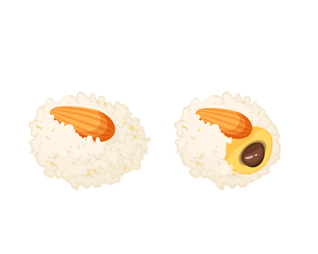 Coconut ladoo, laddu stuffed chocolate Indian sweets with almond on top. Vector illustration candy flat icon isolated on white background.のイラスト素材