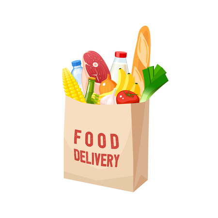 Grocery bag, dairy, meat, oil, veggies and baguette. Vector illustration cartoon flat icon isolated on white background.のイラスト素材