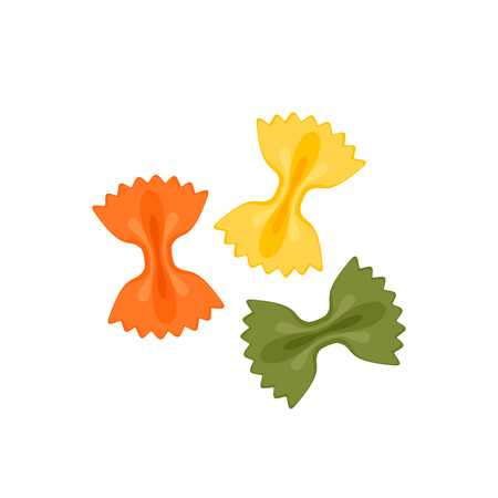 Italian cuisine. Pasta farfalle tricolore - red, green, yellow. Vector illustration cartoon flat icon isolated on white.のイラスト素材