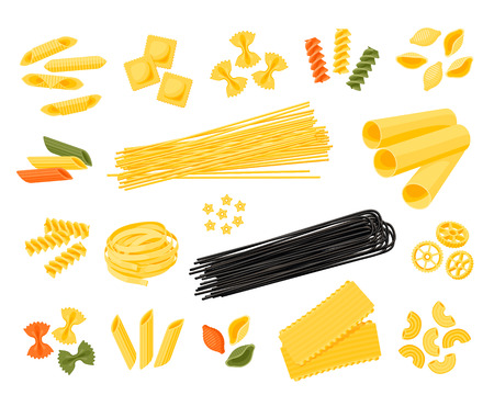 Italian cuisine. Set of assorted types of pasta: spaghetti, cannelloni, farfalle, tagliatelle and other, different colors. Vector illustration cartoon flat icon collection isolated on white.のイラスト素材