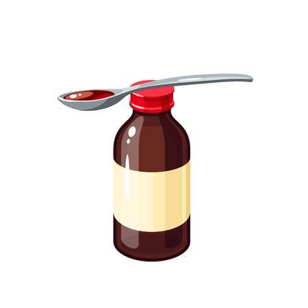 Cough remedy. Bottle of medicine syrup and one dose in spoon for treat sore throat cold flu influenza. Vector illustration cartoon flat icon isolated on white.のイラスト素材