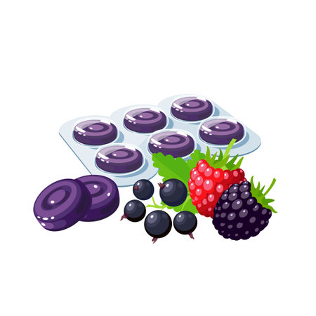Cough drops. Sore throat remedy, package of violet lozenges, wild berries. Vector illustration...