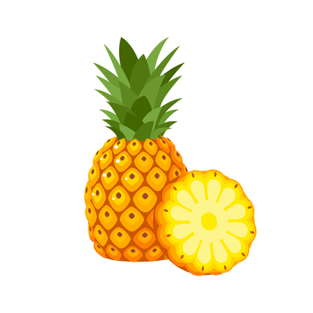 Summer fruits for healthy lifestyle. Pineapple fruit, whole and slice. Vector illustration cartoon flat icon isolated on white.のイラスト素材