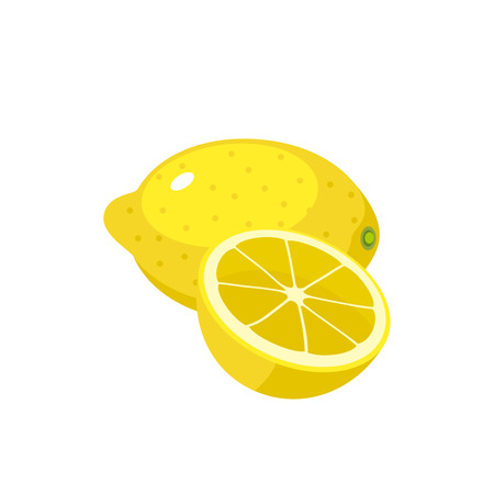 Summer fruits for healthy lifestyle. Yellow lemon, whole fruit and half. Vector illustration cartoon flat icon isolated on white.のイラスト素材