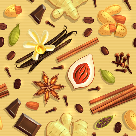 Gourmet Coffee Spices, cardamon, cinnamon, vanilla, seamless pattern. Raster version.の写真素材
