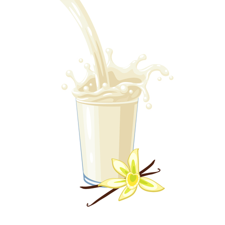 Colorful milkshake design. White milky flow and splash in full glass of vanilla milk shake. Vector illustration cartoon flat icon isolated on white.のイラスト素材