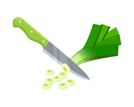 Cooking vegetables slicing leek by knife vector illustration cartoon flat iconのイラスト素材
