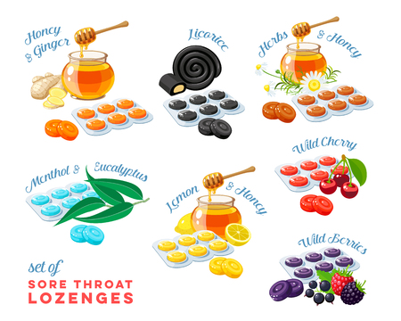 Cough drops sore throat remedy colorful set of package of lozenges flavored different tastes with inscriptions vector illustration cartoon flat icon collectionのイラスト素材