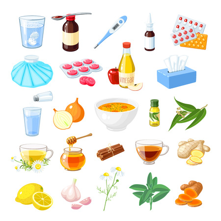 Set of home remedy for sore throat, flu, influenza, cough medicine, syrup, honey, natural herbs, spices lozenges, pills, capsules, and drugs icon vector illustrationのイラスト素材