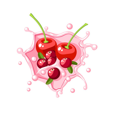 Colorful fruit design. Cherry, cranberry in pink milk splash burst. Vector illustration cartoon flat icon isolated on white.のイラスト素材