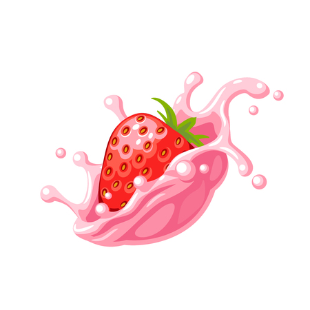 Colorful fruit design. Red strawberry in pink milk splash burst. Vector illustration cartoon flat icon isolated on white.のイラスト素材