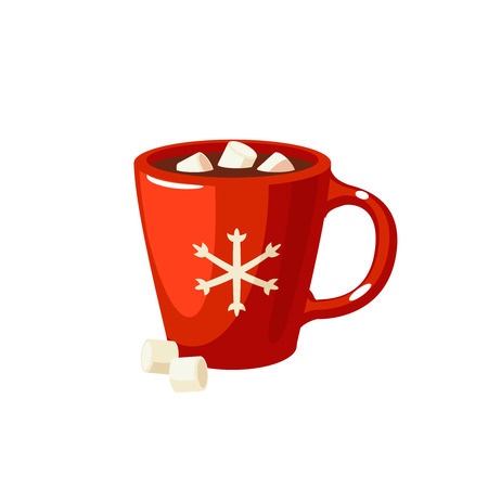 Winter dessert beverage. Cup of hot chocolate with marshmallows. Vector illustration cartoon flat icon isolated on white.のイラスト素材