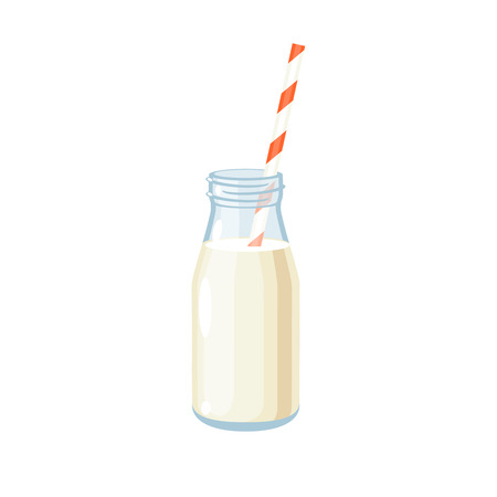 Bottle of milk with straw. Vector illustration cartoon flat icon isolated on white.のイラスト素材