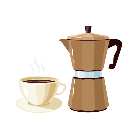 Breakfast, delicious start to the day. Retro geyser coffee maker and cup. Vector illustration cartoon flat icon isolated on white.のイラスト素材
