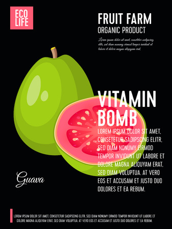 Packaging label. Concept design with inscription. Guava, whole fruit and half. Vector flat poster template with text.のイラスト素材