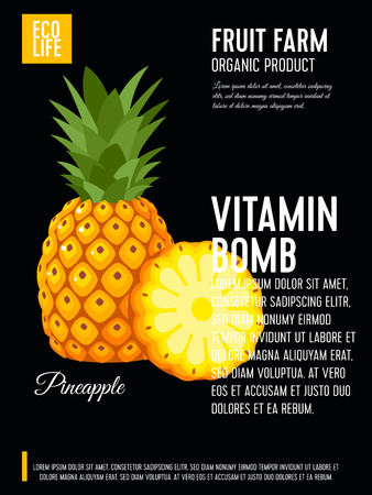 Packaging label. Concept design with inscription. Pineapple fruit, whole and slice. Vector flat poster template with text.のイラスト素材