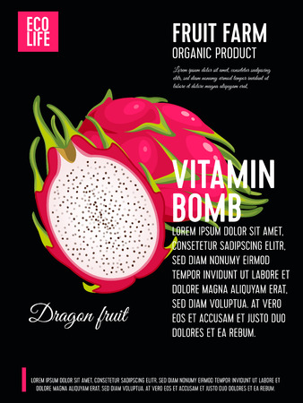 Packaging label. Concept design with inscription. Red dragon fruit, whole fruit and half. Vector flat poster template with text.のイラスト素材