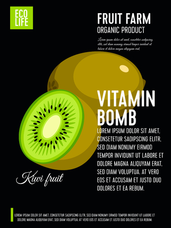 Packaging label. Concept design with inscription. Kiwi, whole fruit and half. Vector flat poster template with text.のイラスト素材