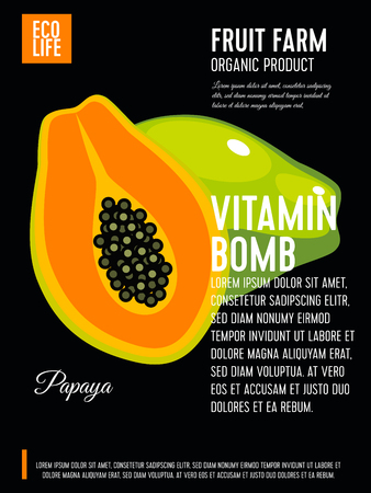 Packaging label. Concept design with inscription. Papaya, whole fruit and half. Vector flat poster template with text.のイラスト素材