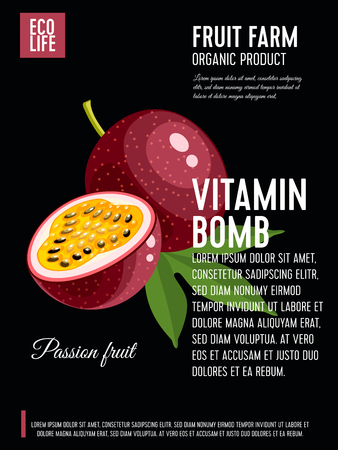Packaging label. Concept design with inscription. Passion fruit. Vector flat poster template with text.のイラスト素材