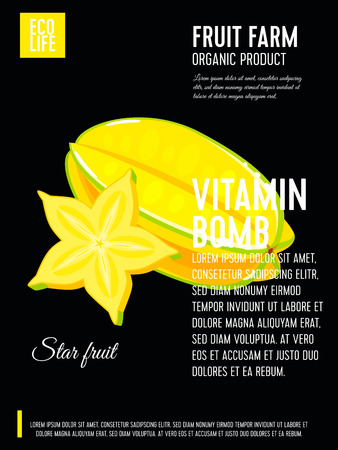 Packaging label. Concept design with inscription. Carambola, whole fruit and slice of starfruit. Vector flat poster template with text.のイラスト素材