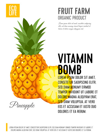 Packaging label. Concept design with inscription. Pineapple fruit, whole and slice. Vector flat poster template with text.のイラスト素材