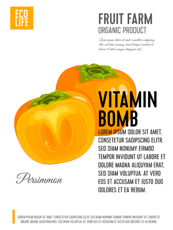 Packaging label. Concept design with inscription. Persimmon, whole fruit and half. Vector flat poster template with text.のイラスト素材