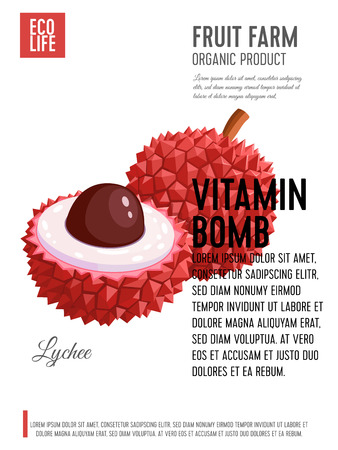 Packaging label. Concept design with inscription. Lychee fruit. Vector flat poster template with text.のイラスト素材