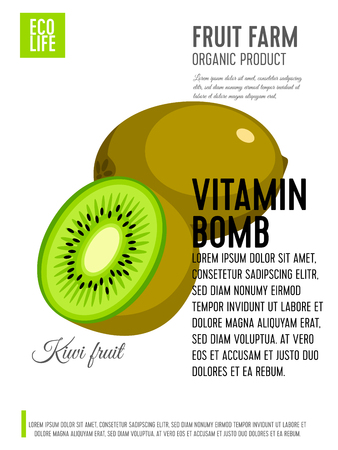 Packaging label. Concept design with inscription. Kiwi, whole fruit and half. Vector flat poster template with text.のイラスト素材