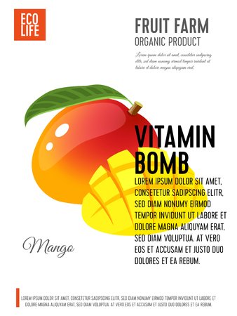 Packaging label. Concept design with inscription. Mango, whole fruit with leaf and cubic slices. Vector flat poster template with text.のイラスト素材