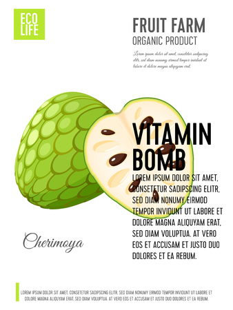 Packaging label. Concept design with inscription. Cherimoya, whole fruit and half. Vector flat poster template with text.のイラスト素材
