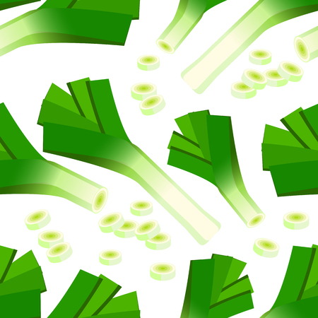 Seamless background. Leek, whole and sliced. Vector illustration cartoon flat icon isolated on white.のイラスト素材