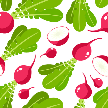 Seamless background. Radish, whole root and half, and leaves. Vector illustration cartoon flat icon isolated on white.のイラスト素材