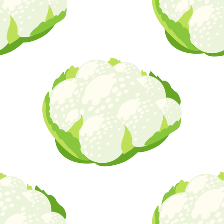 Seamless background. Head of cauliflower with leaves. Vector illustration cartoon flat icon isolated on white.のイラスト素材