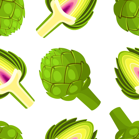 Seamless background. Artichoke, whole and half. Vector illustration cartoon flat icon isolated on white.のイラスト素材