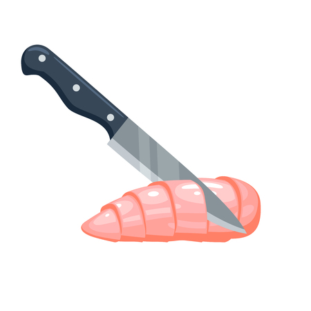 Chicken breast fillet cutting by knife. Vector illustration cartoon flat icon isolated on white.のイラスト素材