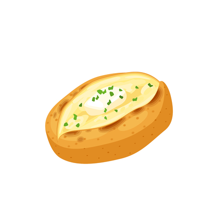 Baked potato with melted butter and herbs. Vector illustration cartoon flat icon isolated on white.のイラスト素材
