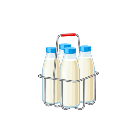 Milk bottles in wire carrier. Vector illustration cartoon flat icon isolated on white.のイラスト素材