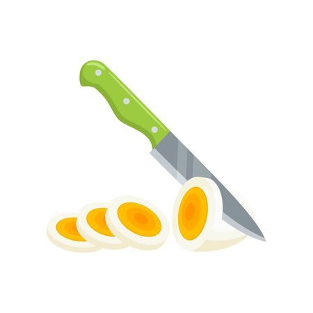 Slicing hard boiled egg by knife isolated icon collection.のイラスト素材