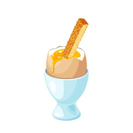 Toast soldier in soft-boiled egg in eggshell in egg holder.のイラスト素材