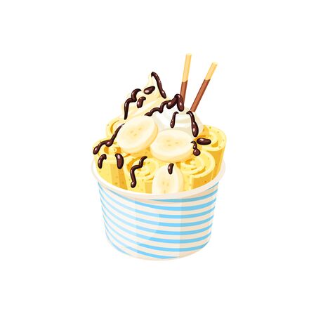 Basket of stir fried yellow ice cream banana rolls under chocolate topping and whipped cream decorated with banana slices. Vector illustration cartoon flat icon isolated on white.のイラスト素材