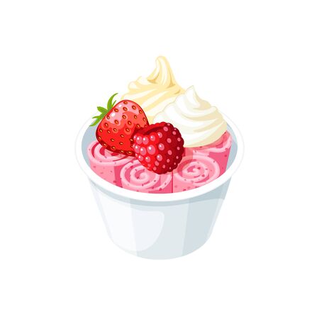 Basket of stir fried pink ice cream rolls under whipped cream decorated with berries of raspberry and strawberry.のイラスト素材