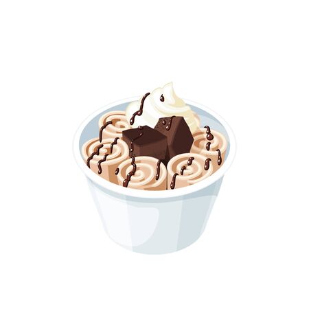 Basket of stir fried chocolate ice cream rolls under chocolate topping and whipped cream decorated with brownie.のイラスト素材