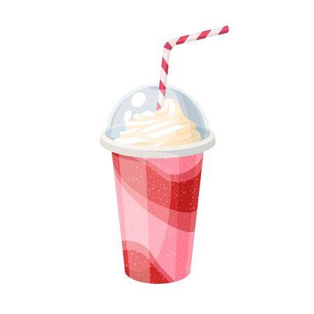 Colorful fruit milkshake design. Plastic cup with lid and straw, full of strawberry milk shake. Vector illustration cartoon flat icon isolated on white.のイラスト素材