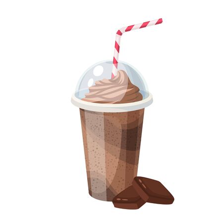 Colorful fruit milkshake design. Plastic cup with lid and straw, full of chocolate milk shake. Vector illustration cartoon flat icon isolated on white.のイラスト素材