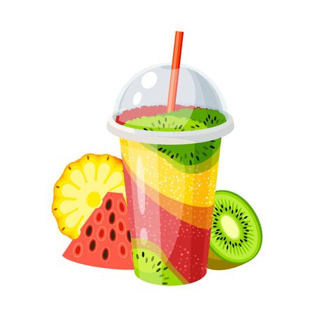 Plastic cup with lid and straw, full of colorful ice fruit fresh mix.のイラスト素材