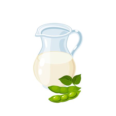 Dairy-free soy milk jar, green soybean pod with leaves. Vector illustration cartoon flat icon isolated on white.のイラスト素材