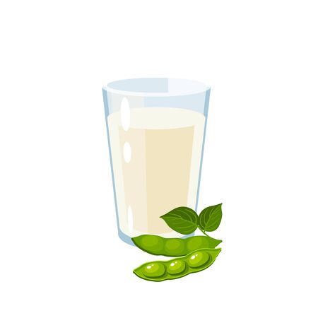 Dairy-free soy milk glass, green soybean pod with leaves. Vector illustration cartoon flat icon isolated on white.のイラスト素材